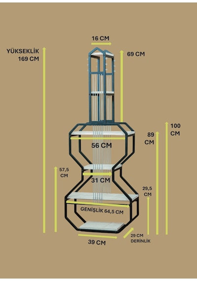 Dekoratif Siyah Metal Kitaplık Beyaz Ahşap Raflı Gitar Ünite