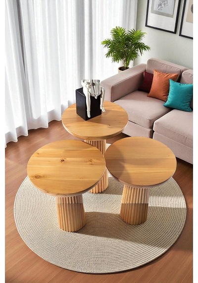 Simillo Wood Wooden 3 Lü Set Fitilli Mantar Yan Sehpa Modern Koyu Ceviz Renkli Fiskos Ahşap
