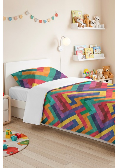 Geometrik Renkli Genç Odası Tek Kişilik Pike Takımı - Zigzag Turkuaz Sarı 160x220 Cm Yatak Örtüsü Dokulu Gölge Sükuneti