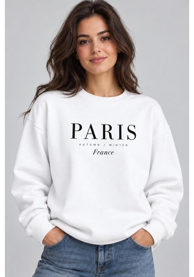 Gıovera Paris Şehir Yazılı Bisiklet Yaka Kadın Sweatshirt beyaz