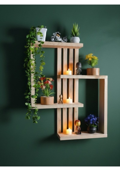 Delmeden Montaj Ahşap Duvar Rafı - 60x50 Cm Çift Taraflı Bant Uyumlu Modern Raf Bej
