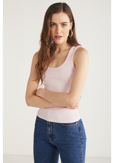 Ethıquet Lıllesol Kadın Fitilli Görünümlü Slim Fit Vücuda Oturan Havuz Yakalı Pamuklu Basic Pembe At