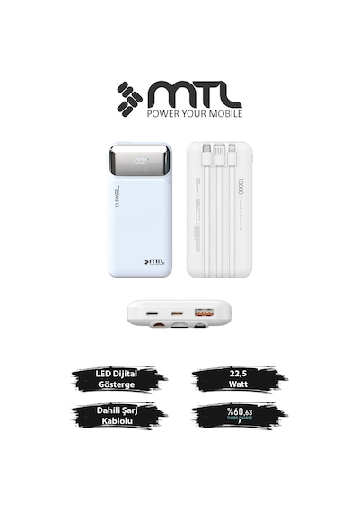 10000 Mah 22.5w Süper Hızlı Şarj Dahili Kablolu Dijital Led Göstergeli Pd Ve Qc 3.0 Powerbank Mt4310 Beyaz