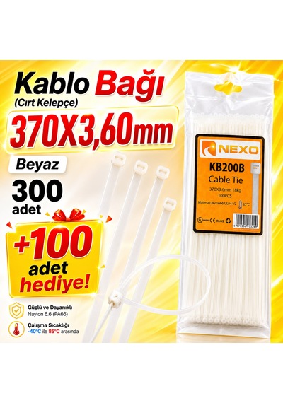 370x3,60mm Kablo Bağı Cırt Kelepçe Beyaz 300 Adet +100 Adet Hediye
