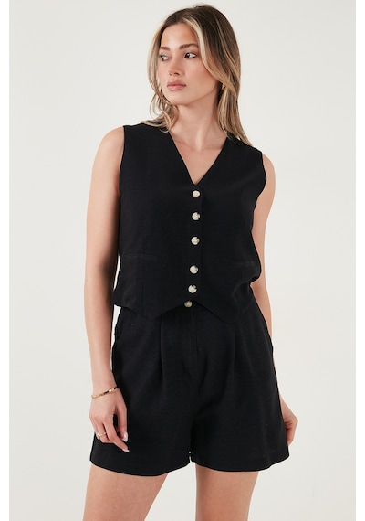Lela Pamuk Ve Keten Karışımlı Slim Fit Yelek Şort Bayan Takım 5866118 Siyah