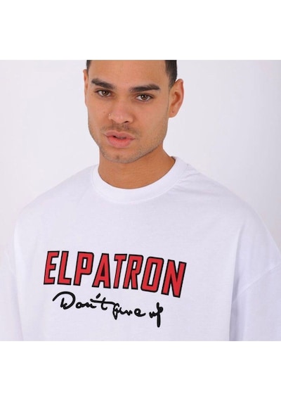 Flood Of Style Erkek Beyaz Elpatron Baskılı Oversize Bisiklet Yaka Tshirt