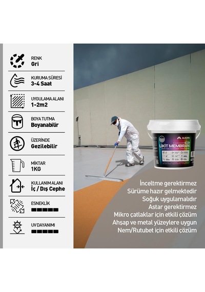 Alkoru 1 Kg Likit Membran Renkli Reçine Esaslı Sıvı Su Yalıtım Malzemesi Gri