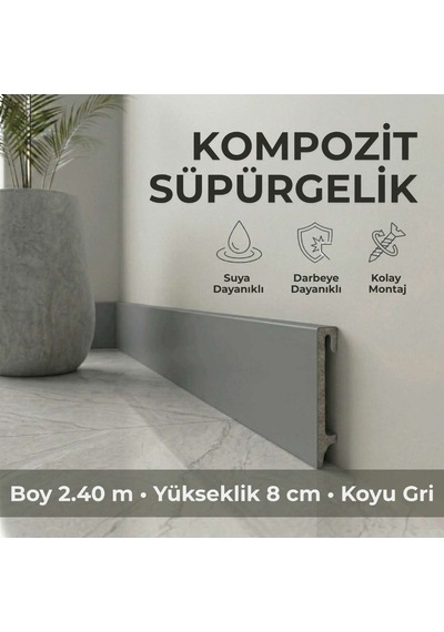 Espumo Kompozit Süpürgelik 8 cm Koyu Gri | Suya Dayanıklı Parke Duvar Süpürgelik 2,40 m ESP203