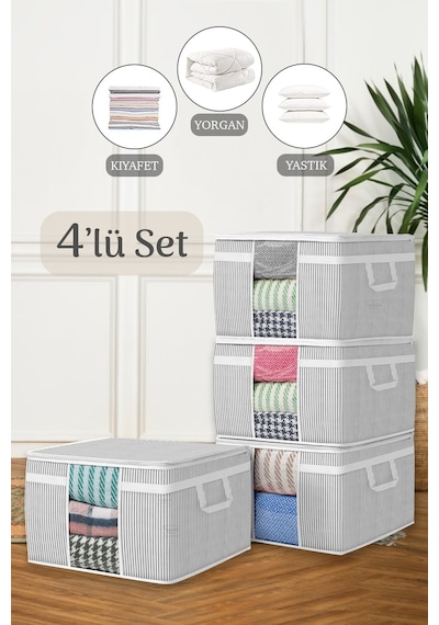 4'lü Maxi Pencereli Baza Altı Hurç - Çekyat Baza Tipi Yastık Kıyafet Saklama Hurcu 45 X 40 X 30 Cm Gri
