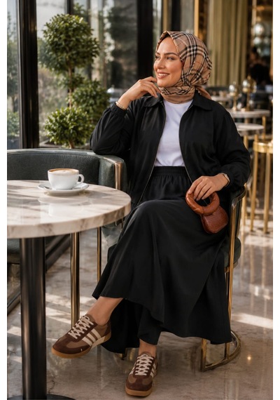Hb Harma Time Butik Kadın Fermuarlı Çilek Kumaş Siyah Ceket Etek İkili Takım