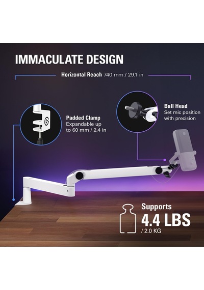 Wave Mic Arm Lp Mikrofon Kolu, Beyaz, Kablo Yönetimli, Alçak Profil Standart