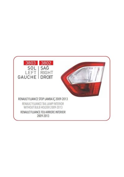 PLEKSAN 3802 STOP LAMBASI İÇ SAĞ FLUENCE 10-