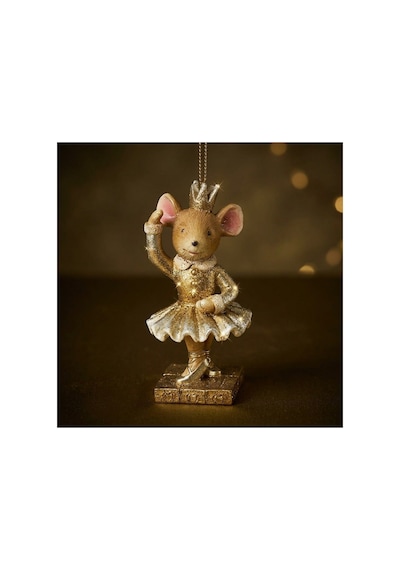 Yılbaşı Temalı Taclı Balerin Fare Asılabilir Ağaç Süsü & Biblo - 4.5x9 Cm Altın