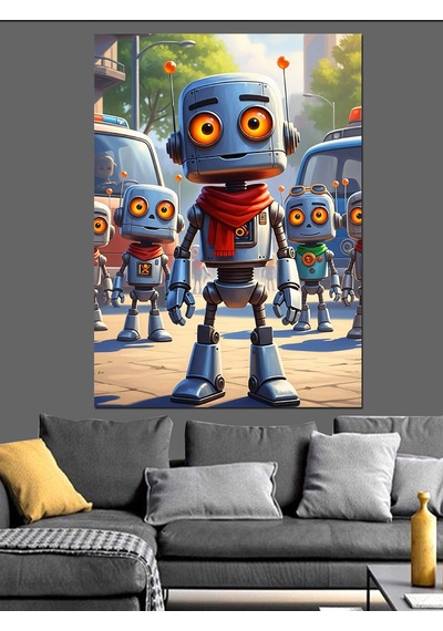 Ahşap Tablo Küçük Robotlar Şehir Yolunda