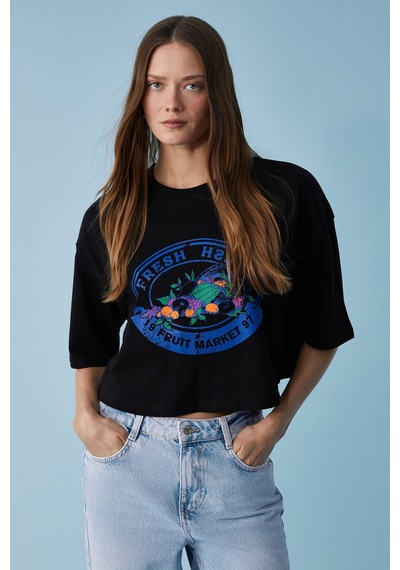 Ethıquet Ahrı Kadın Relaxed Fit Bisiklet Yaka Baskılı Siyah T-shirt