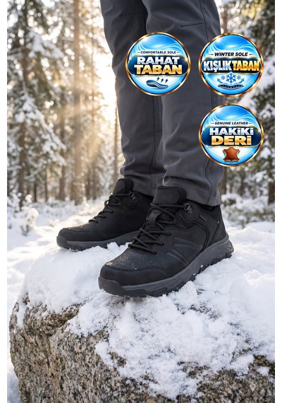 Ayakmod Siyah Hakiki Deri Kaymaz Tabanlı Bağcıklı Erkek Outdoor Trekking Ayakkabı 2672