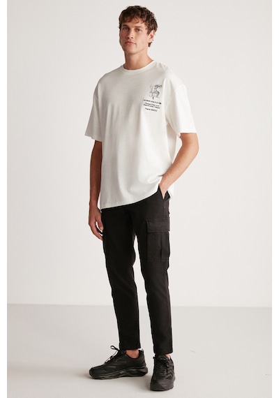 Grımelange Alonzo Erkek Oversize Fit %100 Pamuk Nakışlı Ve Baskılı Ekru T-shirt Ekru
