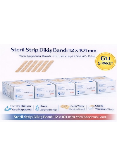 Steril Strip Dikiş Bandı 12 X 101 Mm Yara Kapatma Bandı Cilt Sabitleyici Strip 6 Lı 5 Paket
