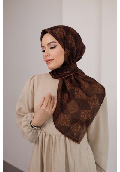 Mimiyum Mosaic Desen Soft Eşarp Kahve Kiremit Çok Renkli