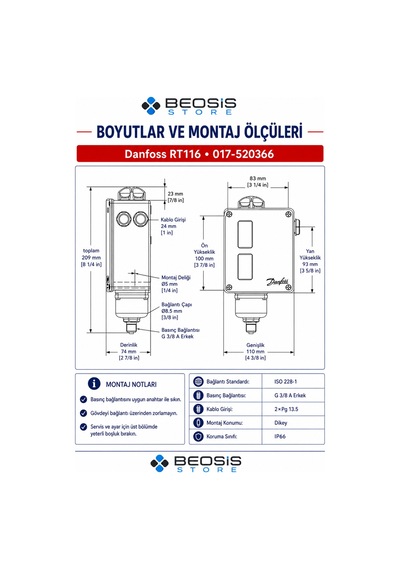 Danfoss 017-520366 Rt116 1/10 Bar Presostat