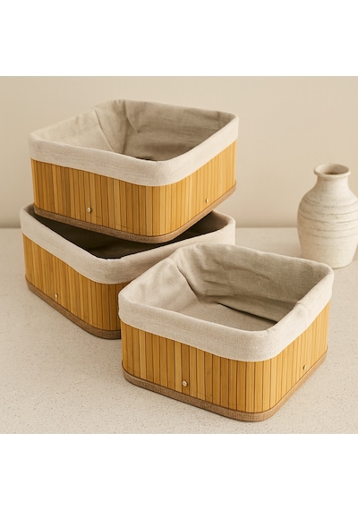 3'lü Kare Organizer Sepet Seti - Bambu Kenarlı Ahşap Taban Bez Astarlı 17x17 / 21x21 / 26x26 Cm Çr