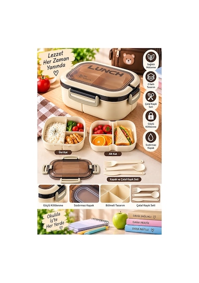 Renkli Beslenme Kutusu 2 Katlı 6 Bölmeli 1 Adet 6 Bölmeli Beslenme Kabı Yemek Saklama Kabı Taşınabilir Lunch Box Okul Krem