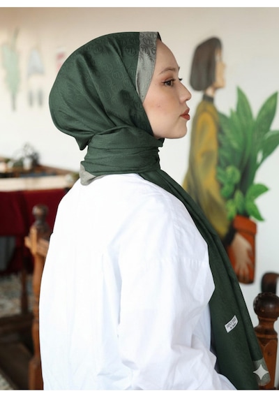 Premium Lux Original Monogram Şal İpek Vual, Yüksek Kalite, Hafif, Rahat, Şık, Tesettür, Shawl Haki - Yeşil