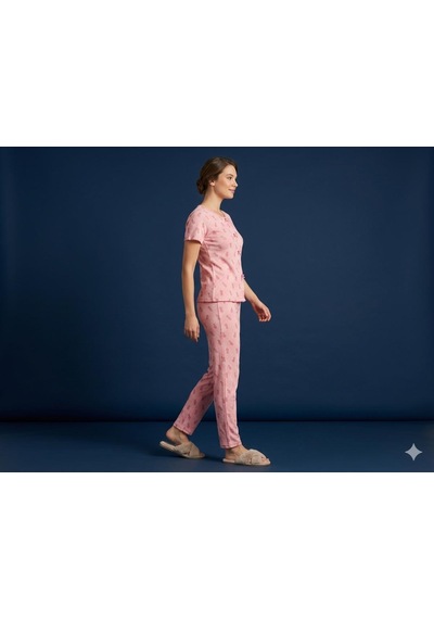 Sleeproom Yazlık Pembe Ananas Desenli Kısa Kol Penye %100 Pamuk Pijama Takım