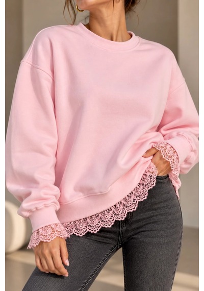Bb Butik Basic Dantel Detaylı 3 İplik Şardonlu Kadın Sweatshirt My3535 Pembe