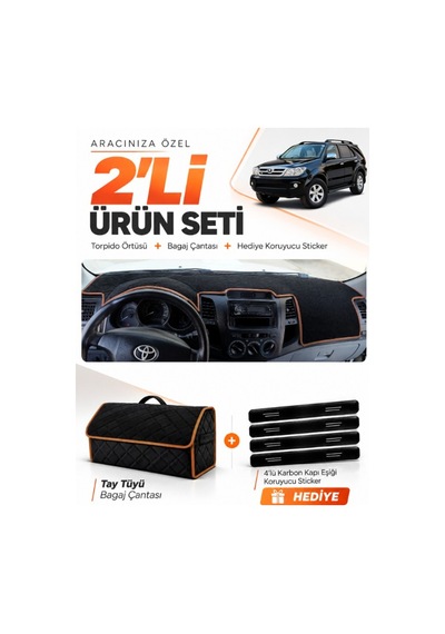 E-biz Toyota Fortuner 2005-2014 Uyumlu Torpido Örtüsü + Tay Tüyü Çanta - Siyah-kahverengi - To018