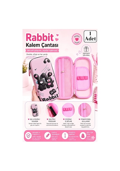 Pembe Kabartmalı Bölmeli Kalemlik 1 Adet P-5922 Kız Çocuk Okul Kalem Kutusu 3 Boyutlu Sevimli Karikatür Hediyelik Beyaz