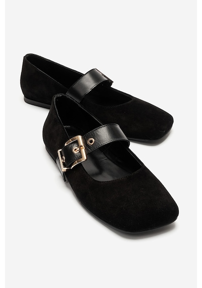 Luvi Shoes Jonas Siyah Süet Hakiki Deri Kemerli Kadın Babet Ayakkabı