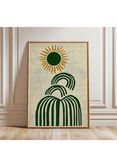Soyut Güneş Posteri, Orta Çağ Modern Duvar Sanatı, Minimalist Botanik Baskı, Yeşil Nötr Dekor, İskandinav Boho Sanat Baskısı