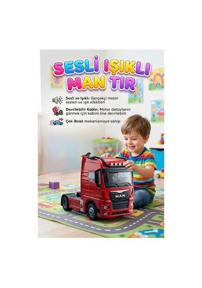 Işıklı Sesli Pilli Çek Bırak Man Metal Oyuncak Tır Kırmızı Kırmızı