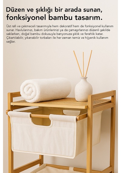 Çekmeceli Bambu Çamaşır Sepeti - Banyo Düzenleyici Organizer Raflı Natural Kirli Çamaşır Sepeti Bej