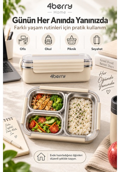 4berry Home 740 Ml 3 Bölmeli 304 Paslanmaz Çelik Termos Yemek Kabı Sızdırmaz Kapaklı, Isı Korumalı Beslenme Kutusu Krem-bej