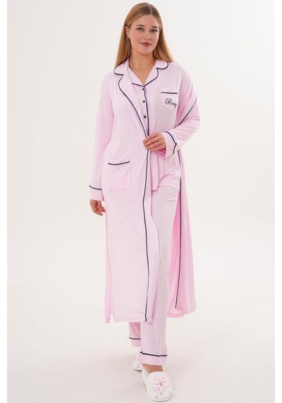 Mecit Pijama Mecit 6333 Pembe Kadın Sabahlıklı Boydan Düğmeli Pijama Takımı Pembe