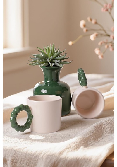Krem İnci Kupa Yeşil Kulplu 8 Cm 2 Adet 030-310 Beyaz - Çok Renkli