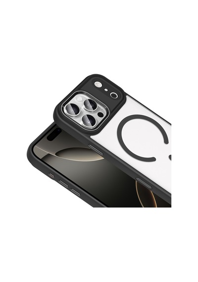 İphone 17 Pro Uyumlu Magsafe Şeffaf Kılıf Kamera Lens Korumalı Darbe Emici Renkli Çerçeveli Wireless Şarj Uyumlu Kapak Siyah