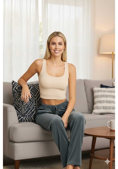 Kadife Gül Kurusu Likralı Soft Kadife Pijama Yeşil