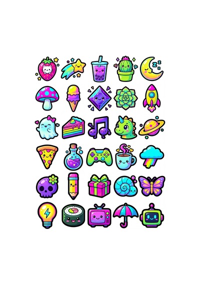 30 Adet Neon Sevimli Karakterler Sticker Seti - Laptop Defter Telefon Çok Renkli