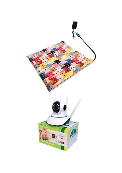 Evcil Hayvan İzleme Güvenlik Kamerası Ve Isıtıcılı Kedi Köpek Minderi Set 45cmx45cm 12v