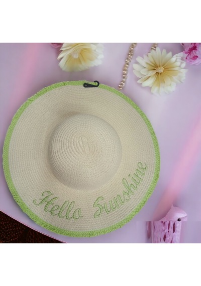 Kadın Hasır Plaj Şapkası Natural Green Sute Bucket Hat Plaj Havuz Bej - Yeşil