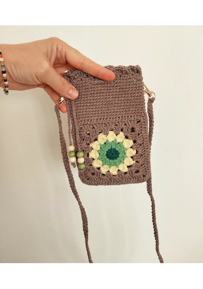 Kemzey Handmade Çiçekli Telefon Çantası, Motifli Tığ İşi Telefonluk, El Yapımı Telefon Kılıfları Kahverengi - Yeşil