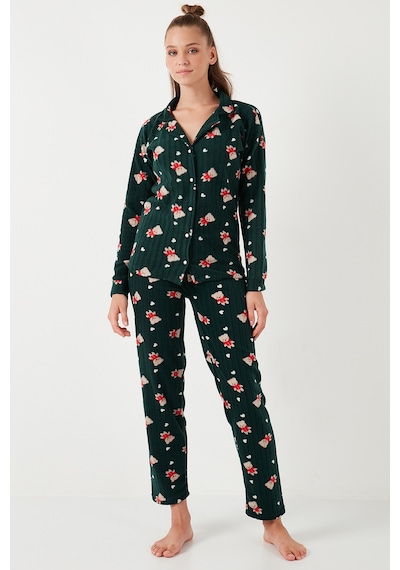 Lela Standart Fit Düğmeli Polarlı Bayan Pijama Takımı 6095615 Yeşil