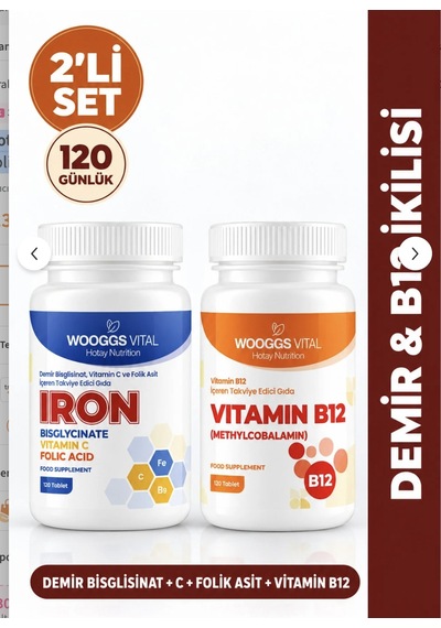 Hotay Nutrition Wooggs Vital Demir Bisglisinat + Vitamin C + Folik Asit 120 Tablet + Vitamin B12 1000 Mcg 120 Tablet 2'li Set