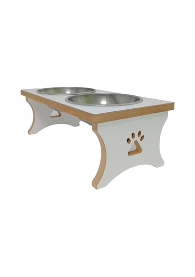Realwood Köpek Su ve Mama Kabı Standı Küçük Orta Irk Beyaz Mdf Çelik Kase 2 x 400 ML