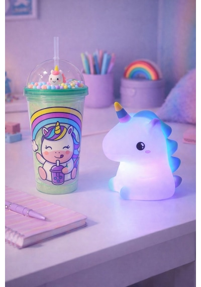2'li Set Işıklı Renkli Unicorn Figürlü Gece Lambası & Pipetli Boncuk Detylı Suluk Bardak Yeşil 450ml Set