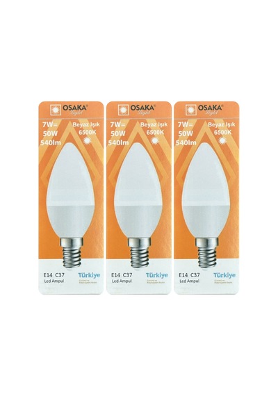 3 Adet Osaka 7w 50w Beyaz Işık 6500k E14 Duylu İnce Duy Led Mum Ampul