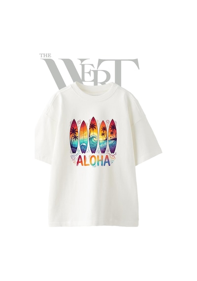Thewert Aloha Surfboard Tasarım Baskılı Ünisex Beyaz Oversize T-shirt